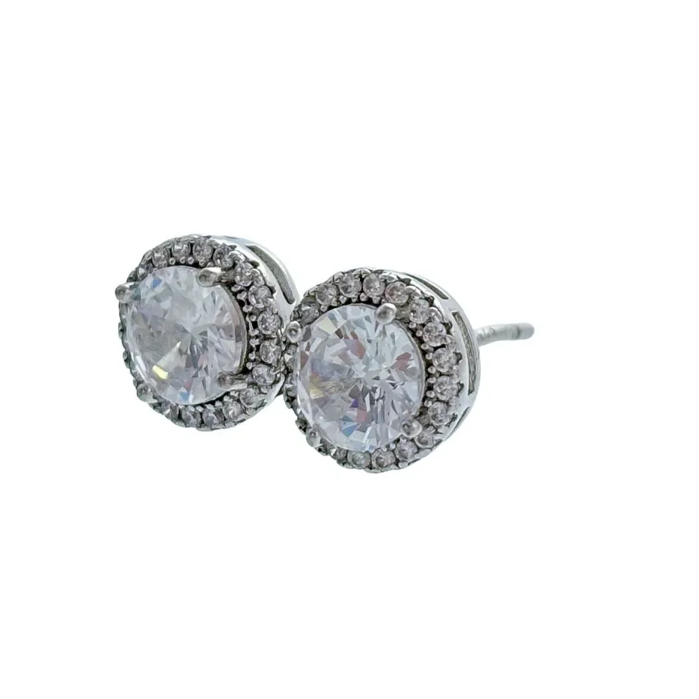 Vintage Sterling Silver Cubic Zirconia Halo Stud Earrings